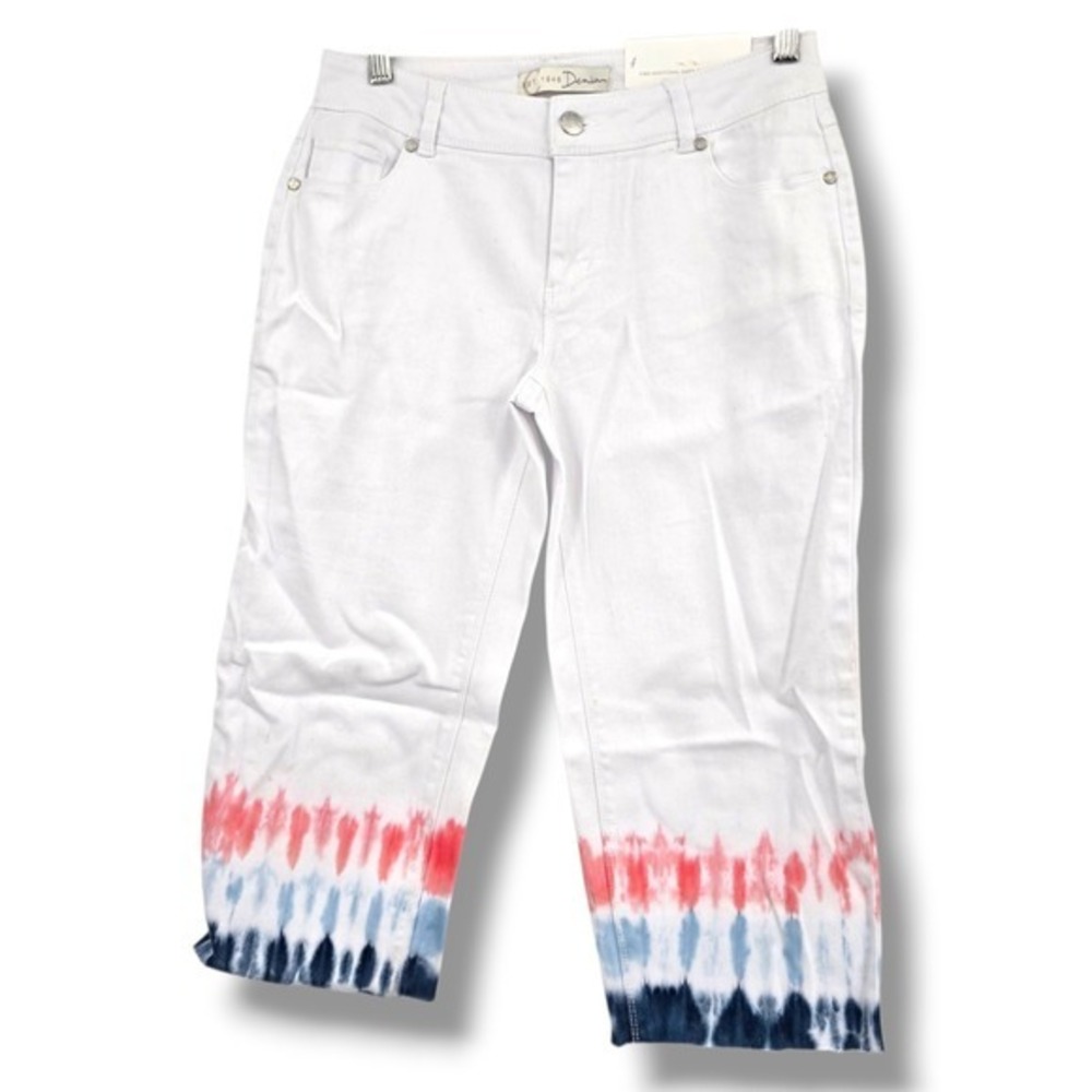 New Cato Denim Women's White Straight Crop Jeans Tie Dye Hem Size 4